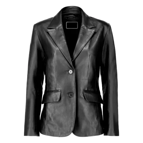Women Black Classic Two Button Lambskin Leather Blazer