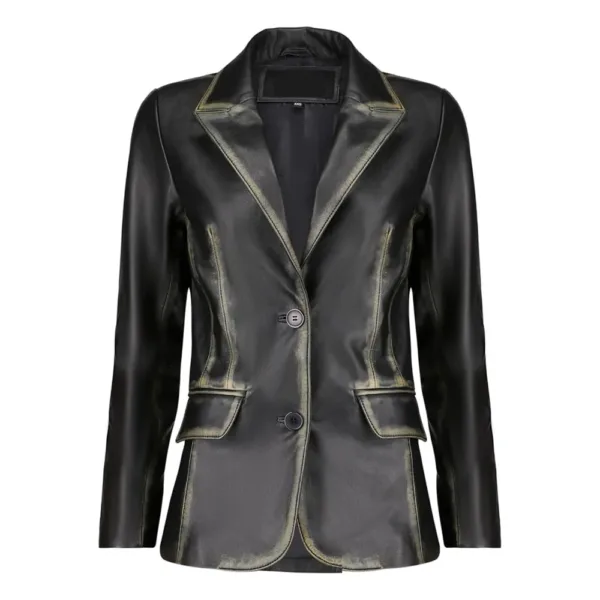 Women Distressed Classic Two Button Lambskin Leather Blazer